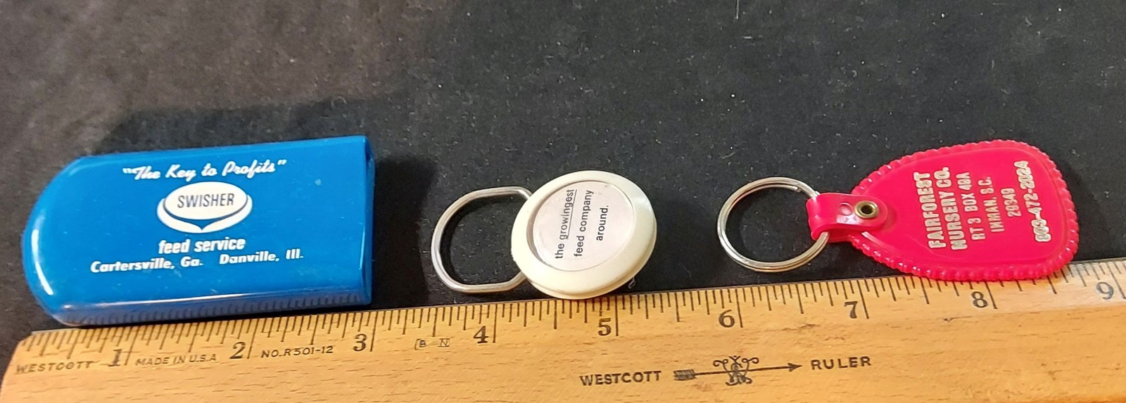Vtg Adv Promo Deal of 3 Keyrings – Swisher Feed Svc, Formax, Fairforest Nursery