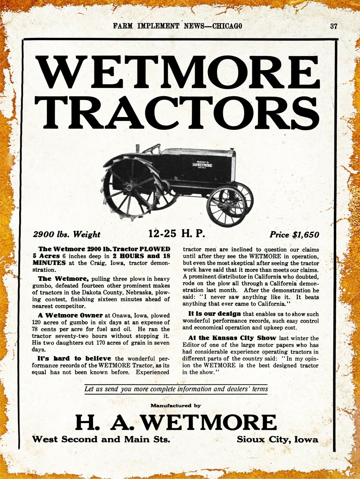 1920 Wetmore Tractors New Metal Sign: 12-25 Horsepower – Sioux City, Iowa