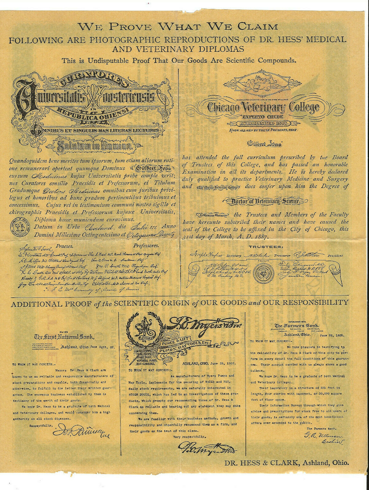 Dr Hess & Clark-Antique Advertising Certificate-Ashland Ohio-Poultry Pan-A-Ce-A