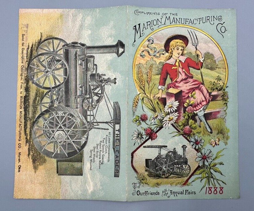 1888 MARION Ohio Leader THRESHING ENGINE Victorian FARM Advertising Trade Card