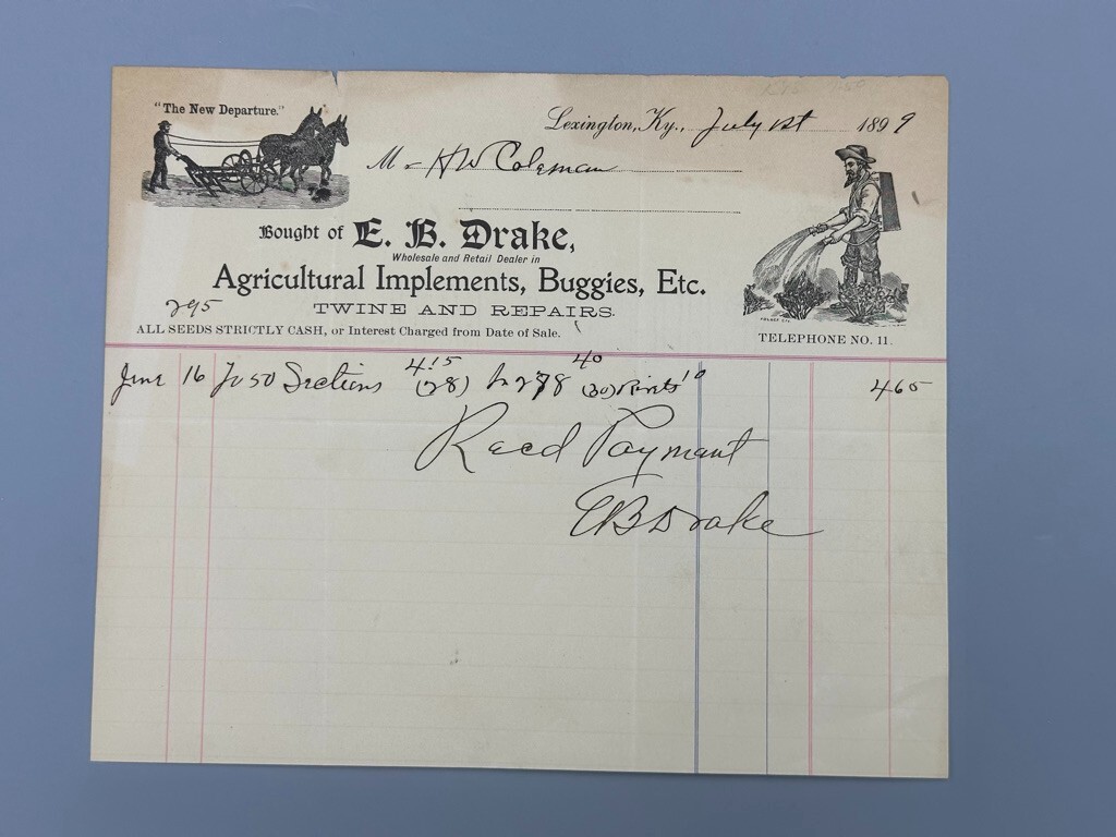 1899 NEW DEPARTURE EB Drake FARM IMPLEMENT Advertise Invoice LEXINGTON KENTUCKY