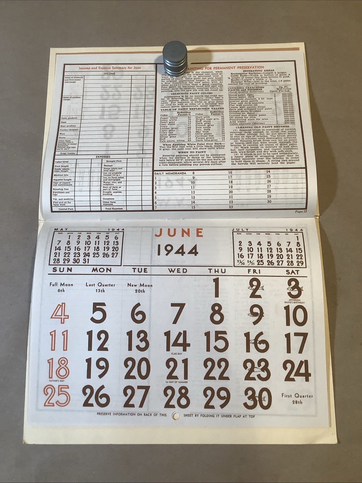 1944 Muntz-McLaughlin Co. Farm Inventory Calendar Holgate OH INV-P0547