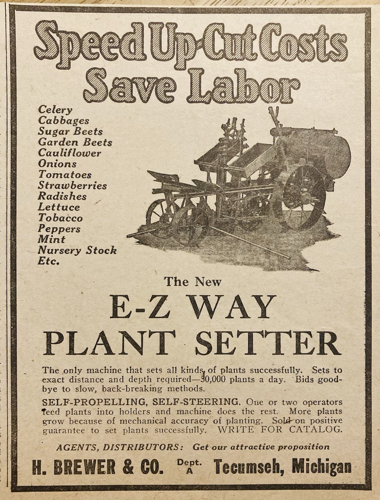 1929 AD.(XH86)~H. BREWER CO. AGENT. TECUMSCH, MI. NEW E-Z PLANT SETTER PLANTER