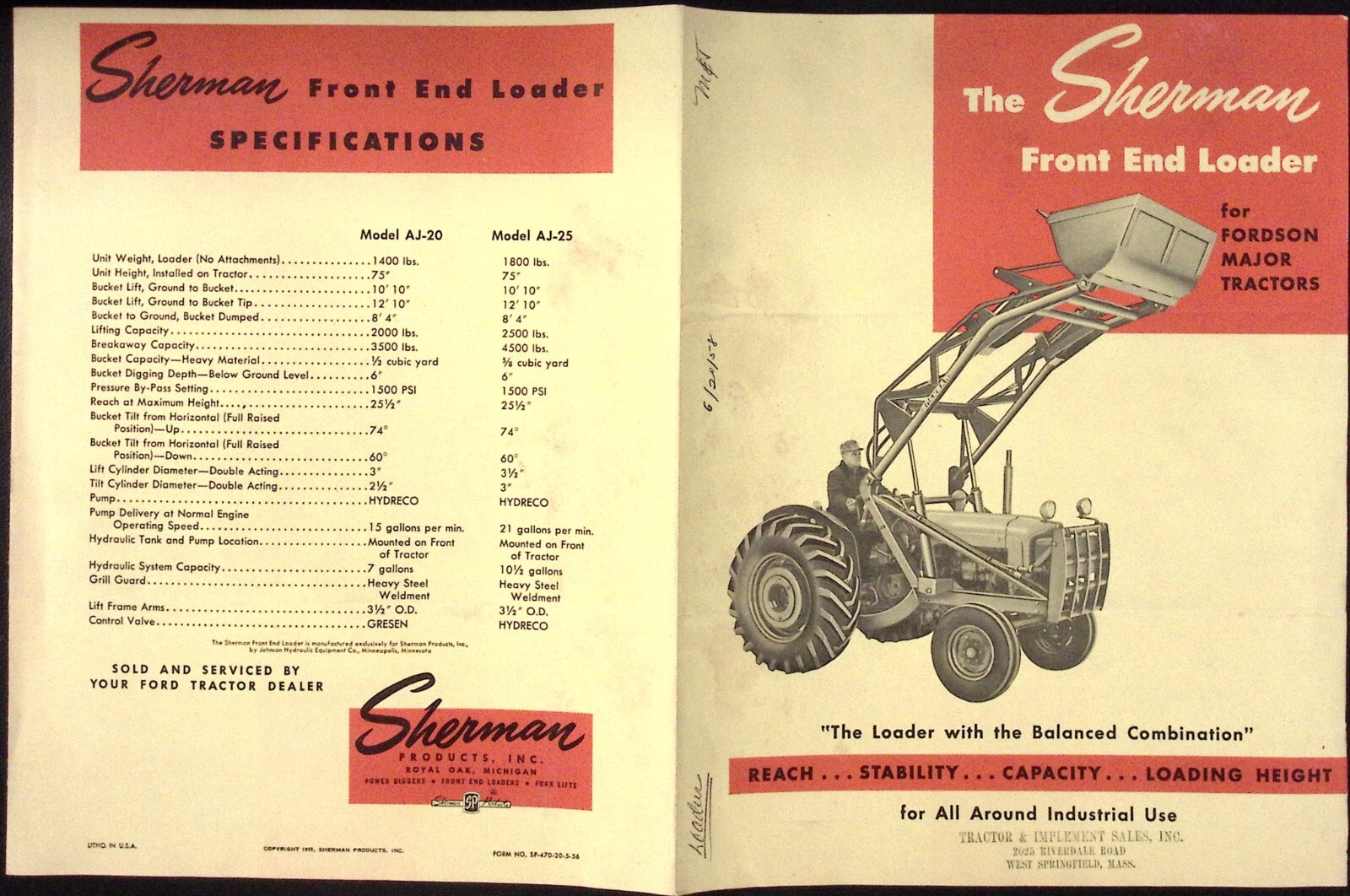 1958 Sherman Products Front End Loder for Fordson Major Tractors Dealer Brochure