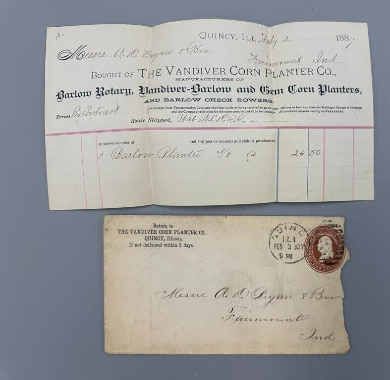 1887 VANDIVER CORN PLANTER Farm Advertising Postal Cover Invoice QUINCY Illinois