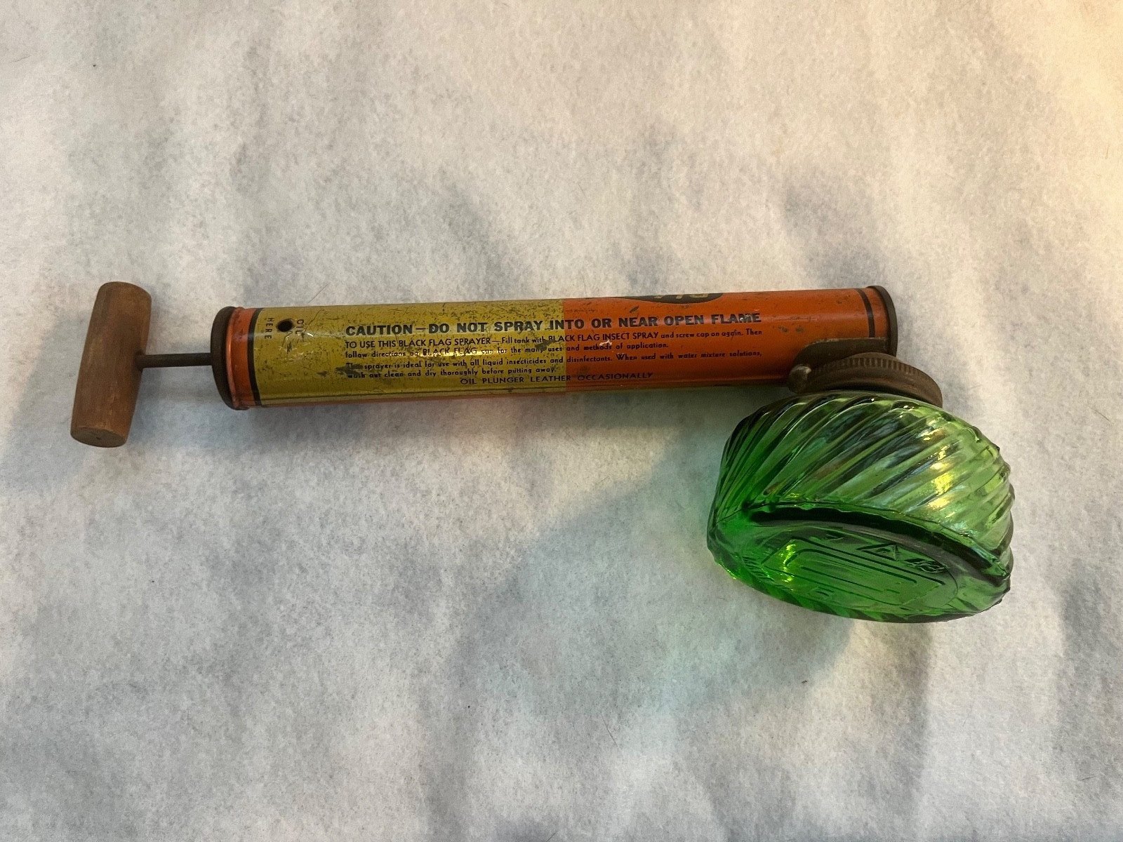 Vintage Black Flag Pump Sprayer With Green Glass Bowl
