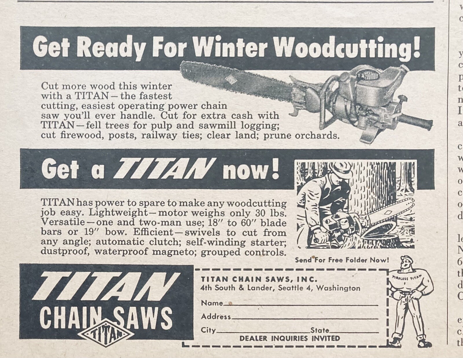 1952 AD.(XH6)~TITAN CHAIN SAWS, INC. SEATTLE, WA. TITAN CHAIN SAWS
