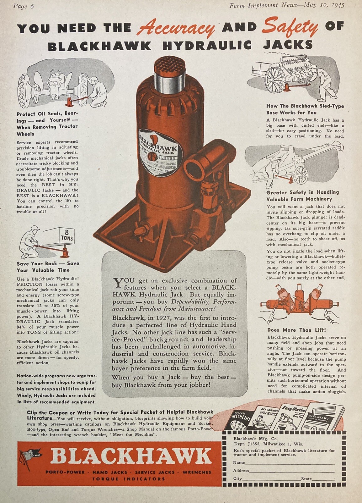 1945 AD.(XF21)~BLACKHAWK MFG. CO. MILW., WIS. BLACKHAWK HYDRAULIC JACKS