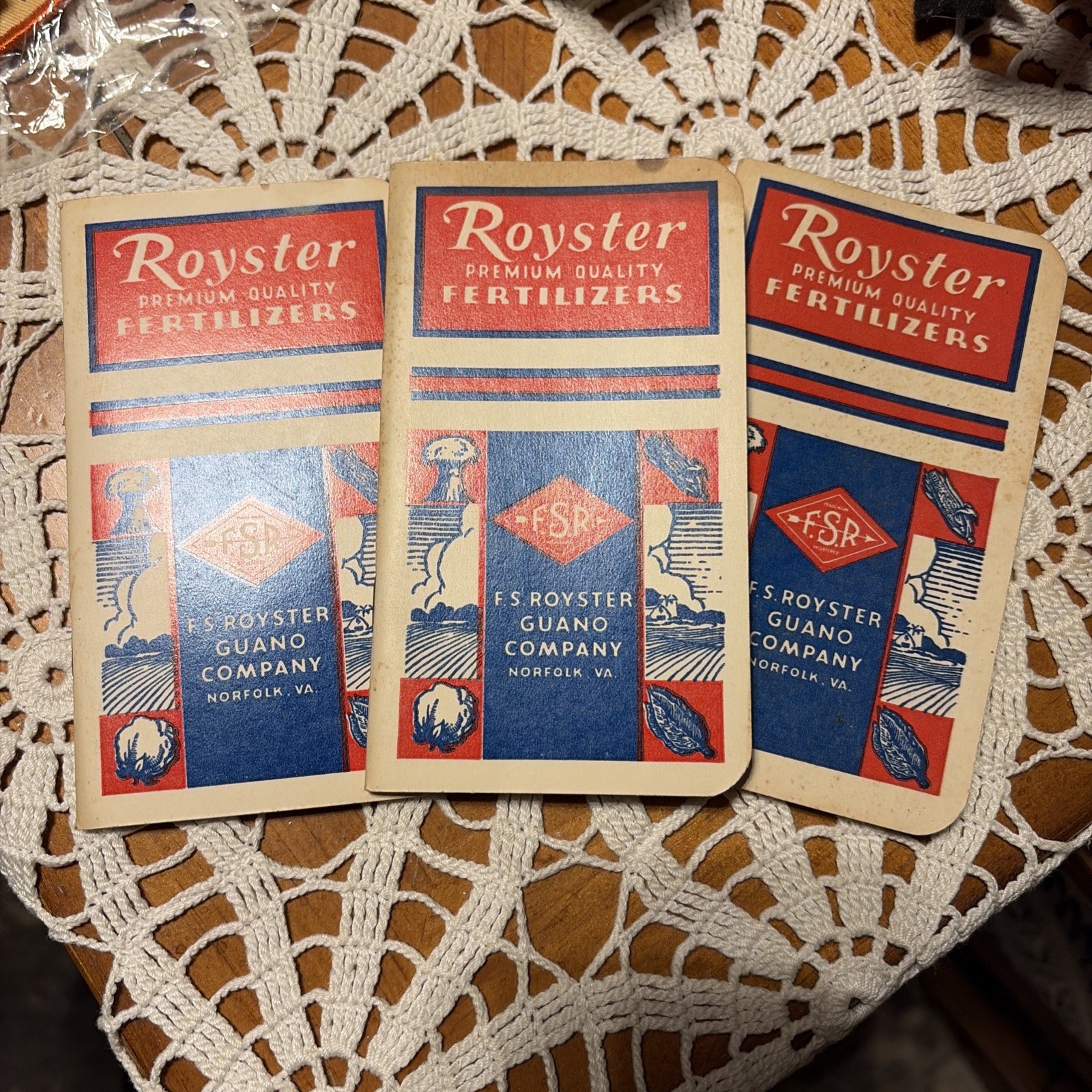 3) 1940 – 41 F.S. Royster Guano Co. Fertilizer Adv Pocket Memo Book Norfolk, VA