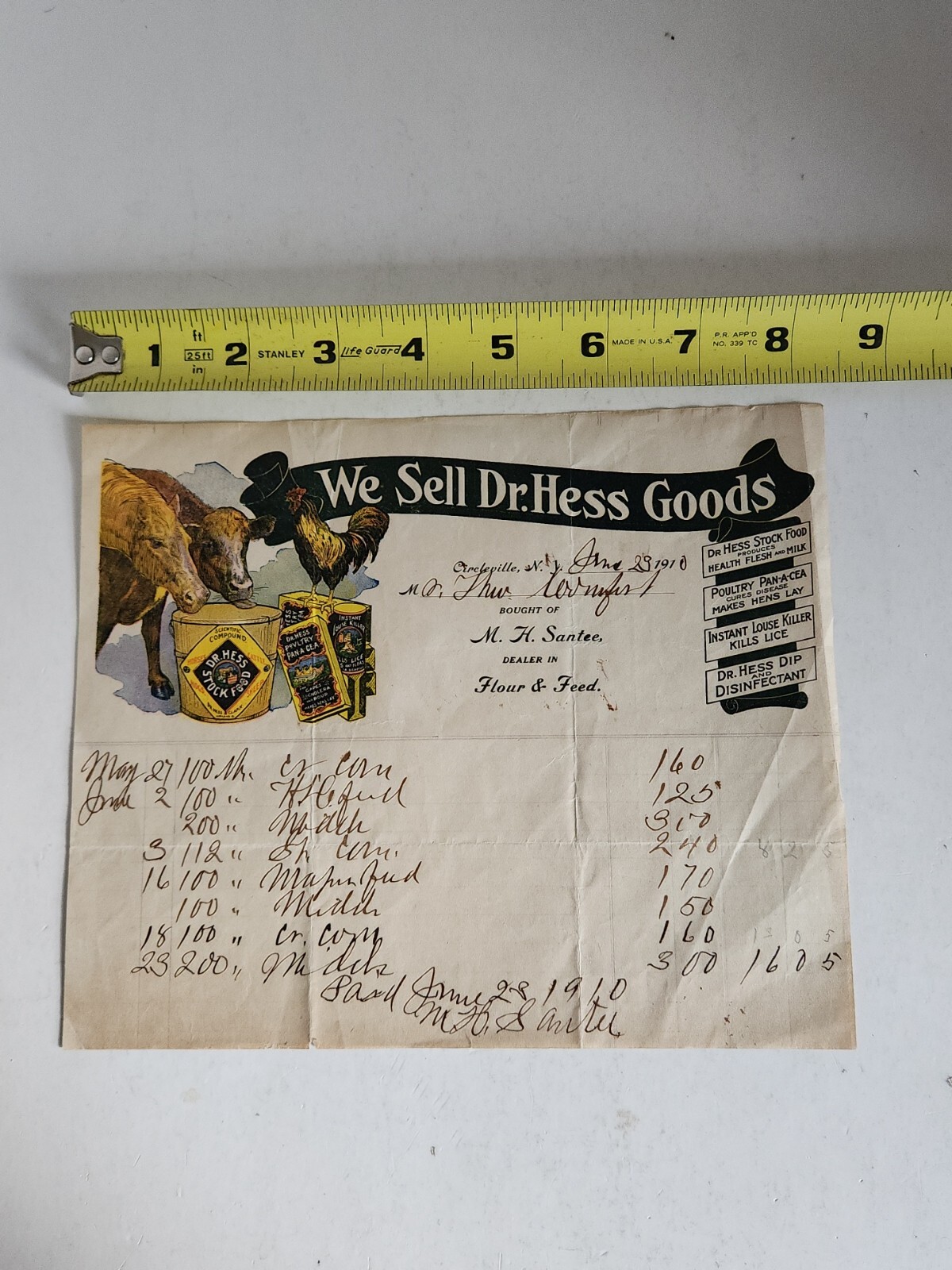 1910 Letterhead Dr. Hess Goods Flour & Feed Farming Bill of Sale Circleville NY
