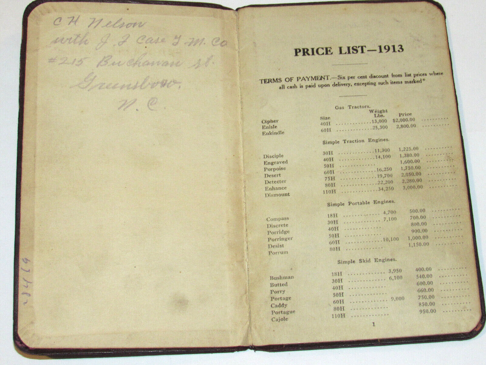 VINTAGE 1913 J. I. CASE THRESHING MACHINE CO PRICE LIST! SALESMAN&rsquo;S COPY! JI
