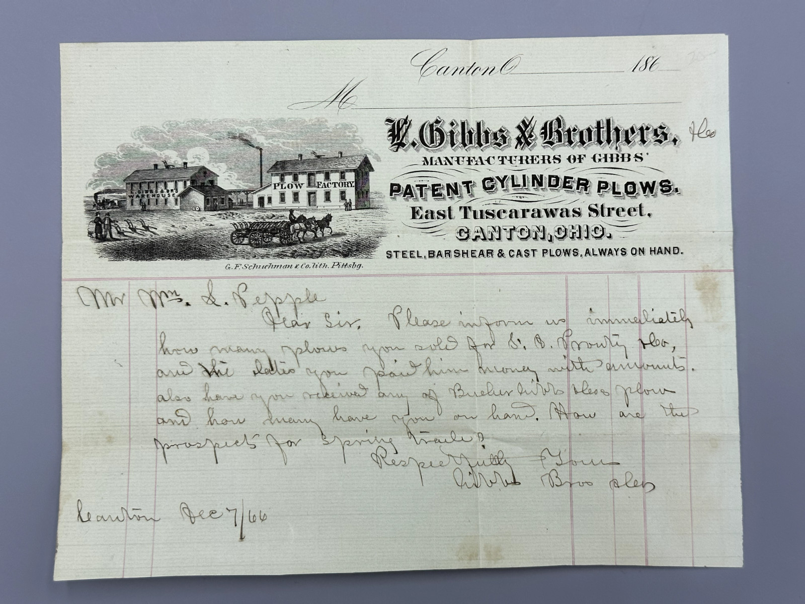 1866 Bucher GIBBS BROTHERS PLOWS Farm Advertising Letterhead CANTON OHIO Antique