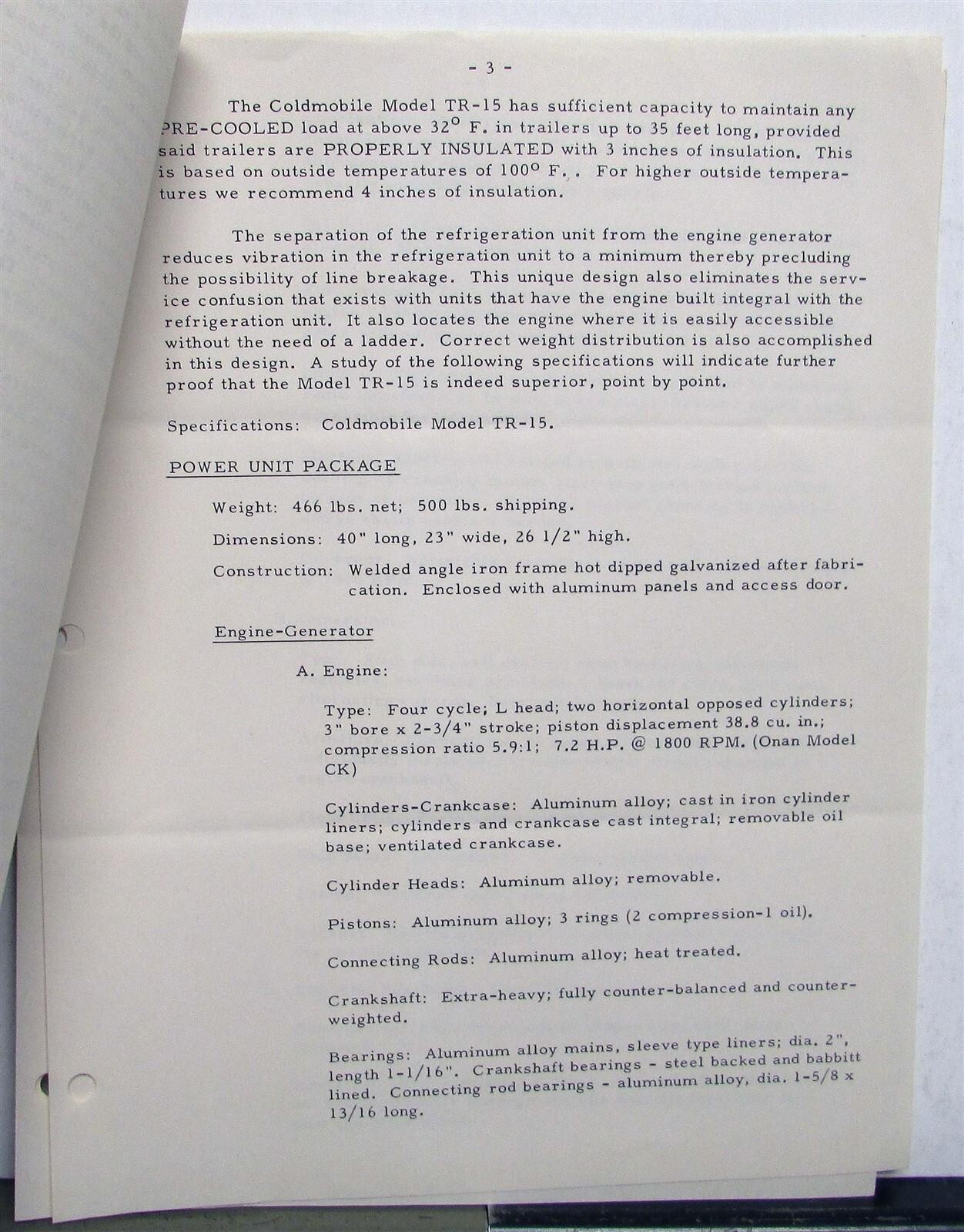 1950s Coldmobile Refer Refrigeration Unit Package Photo Informational Sheets