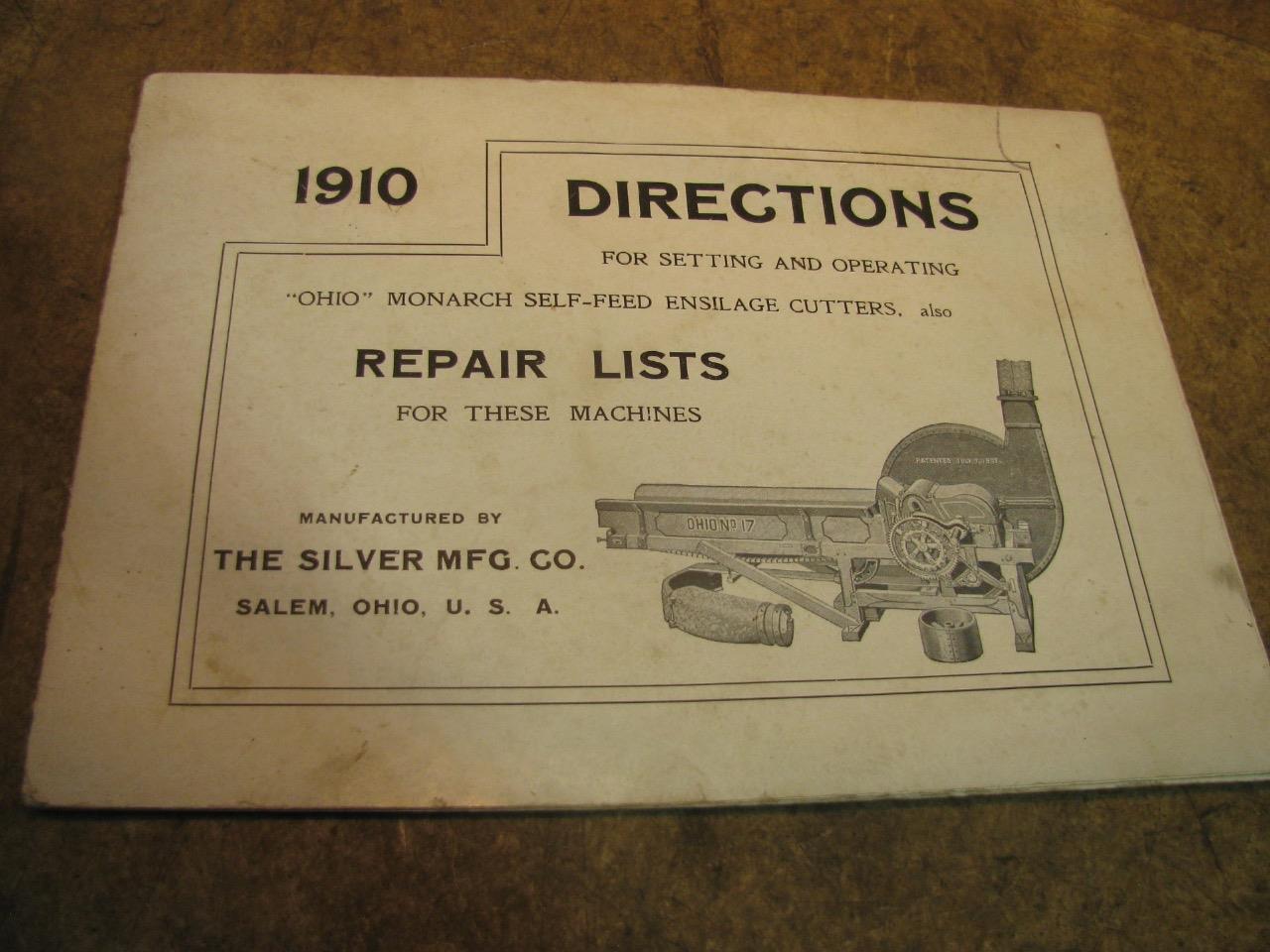 1910 Ohio Monarch Ensilage Cutter Manual SIlver Mfg Salem Oh