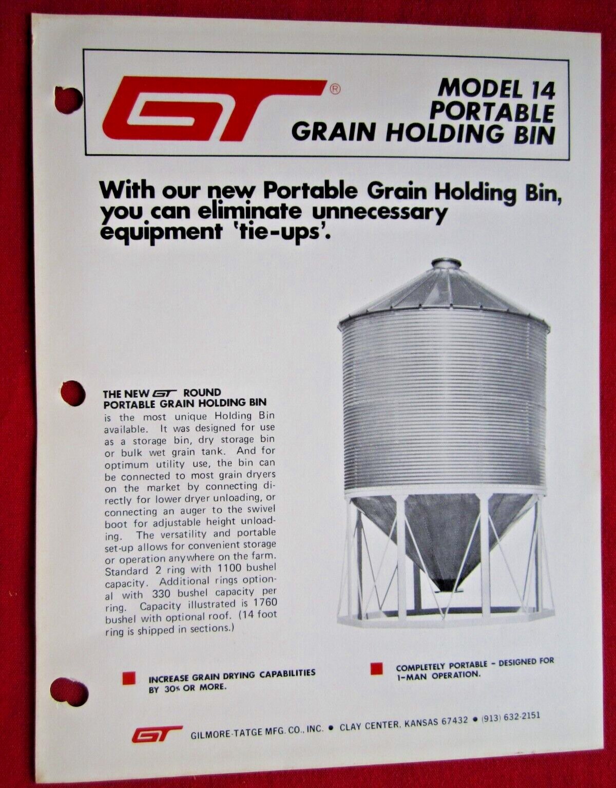 1975 GT GILMORE-TATGE CLAY CENTER KANSAS, PORTABLE GRAIN BIN BROCHURE SPEC SHEET