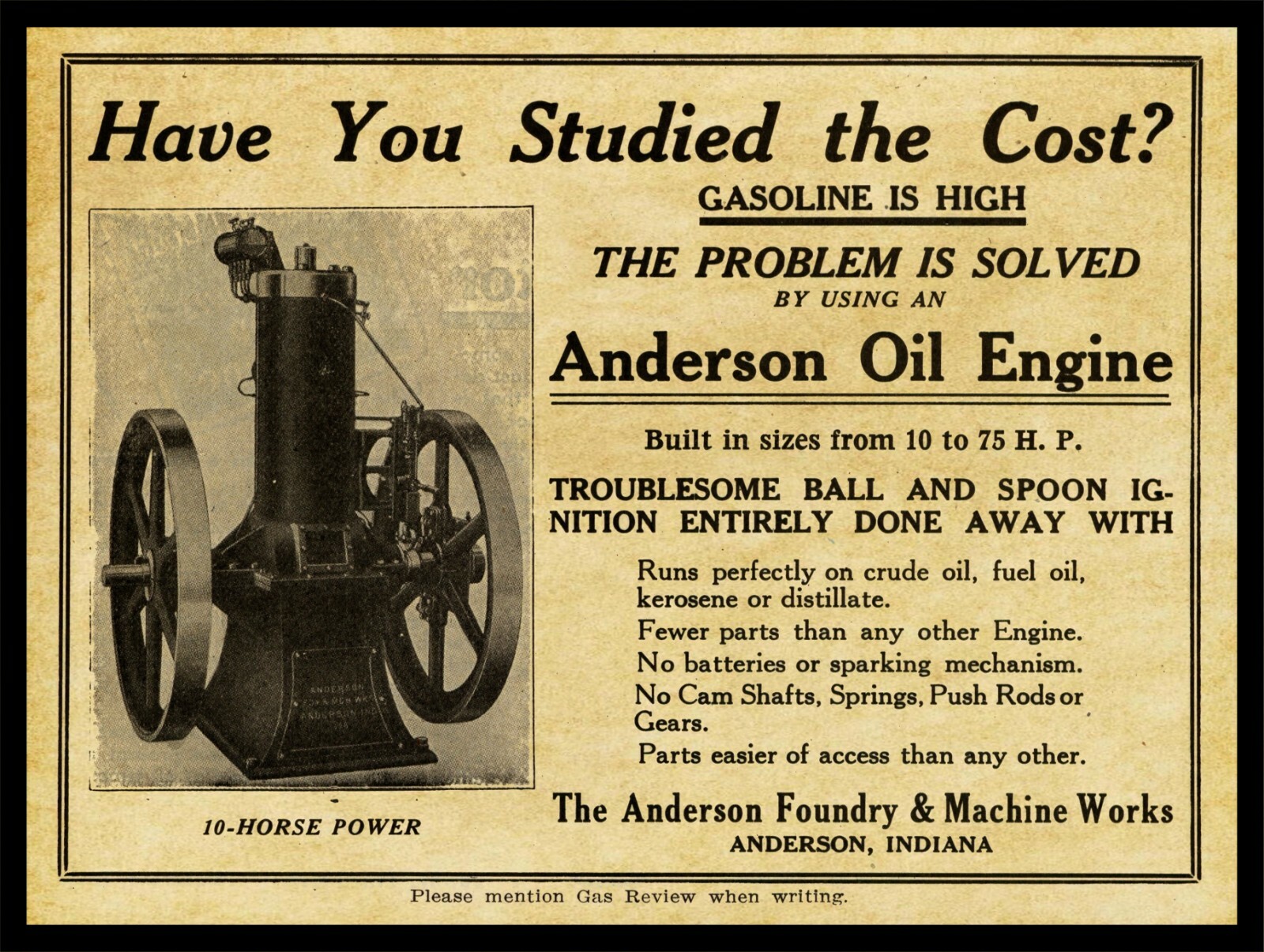 1917 Anderson Oil Engines of Anderson Indiana NEW Metal Sign: 12×16 Large Size