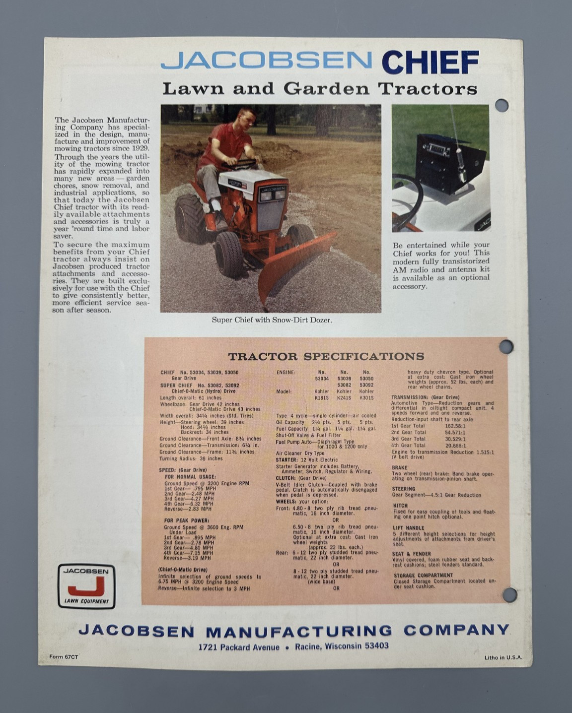 1967 JACOBSEN CHIEF TRACTORS Advertising Brochure LAWN & GARDEN Vintage