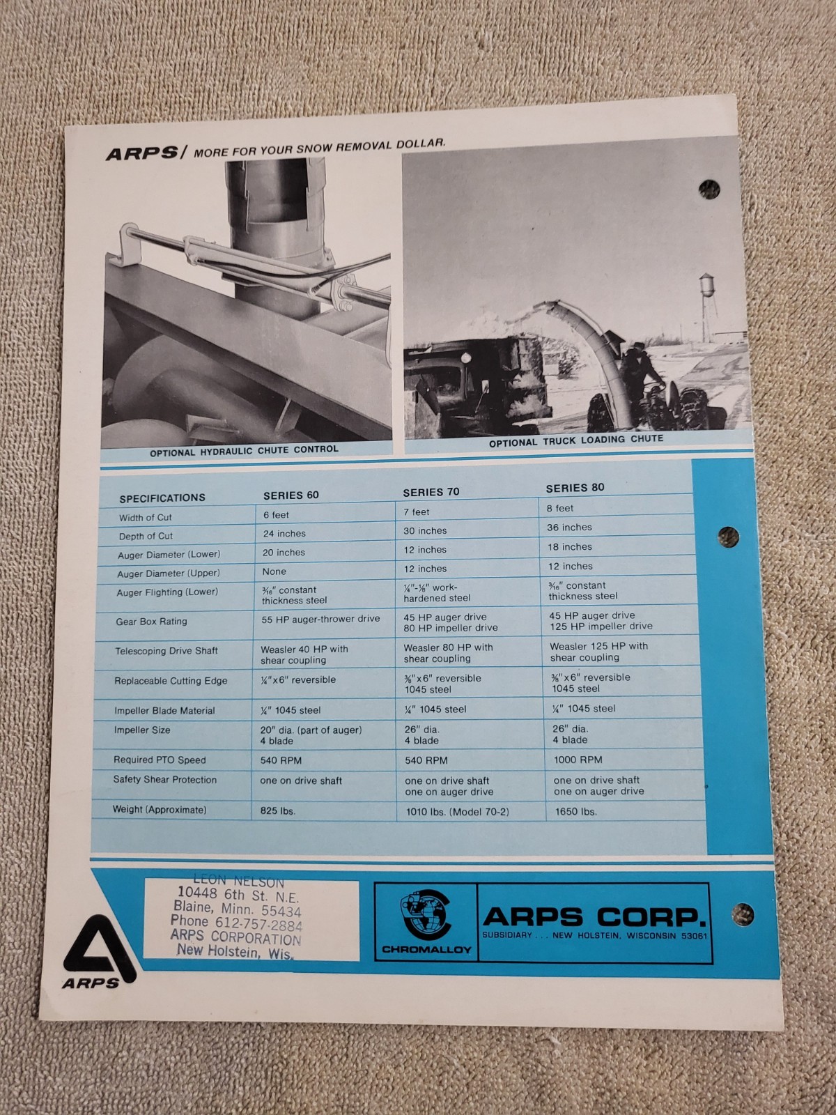Original ARPS Series 60 70 80 Snowblowers Sales BROCHURE Tractor Rear Mount PTO