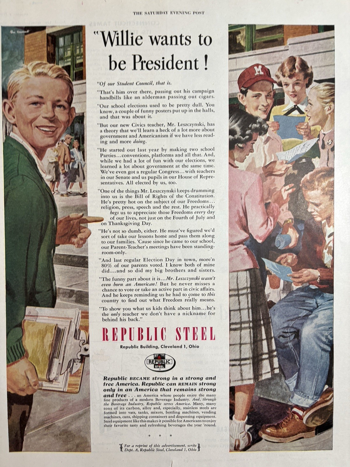 1952 Republic Steel Cleveland Willie President School elections VTG Print Ad