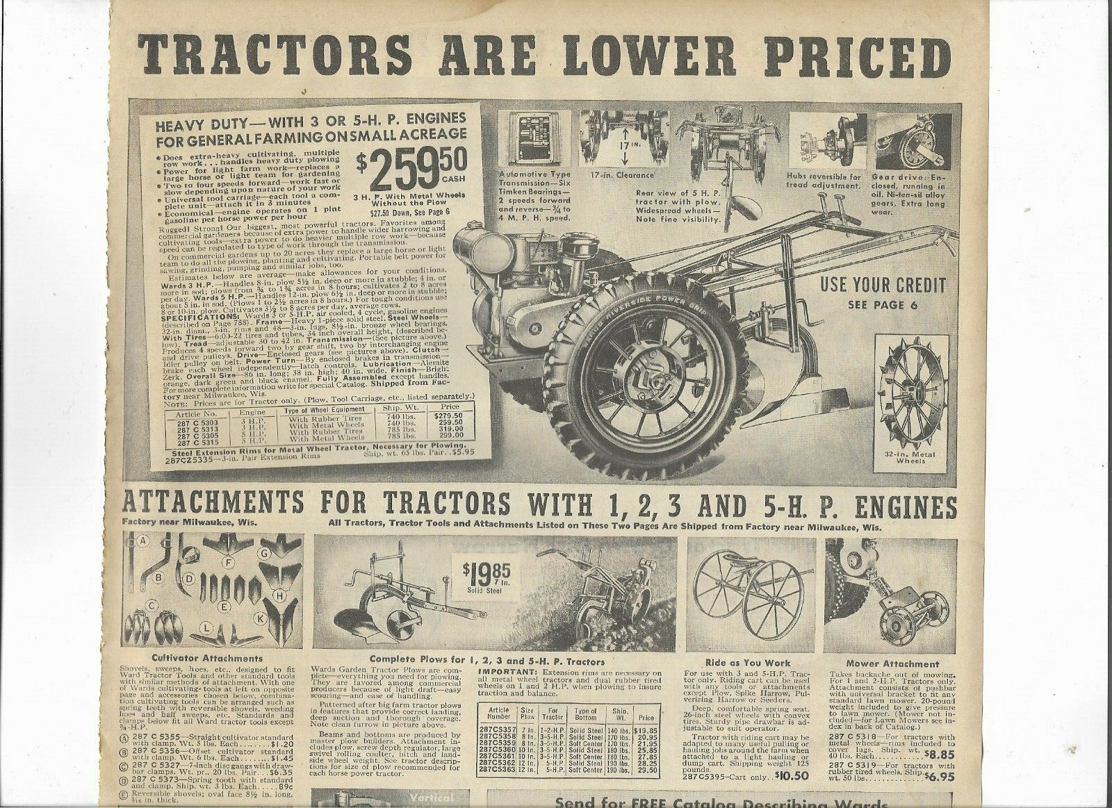 1938 Wards Catalog Ad Page Farm Tractor 3 & 5 H.P. Engine Plow Mower Disc Ford