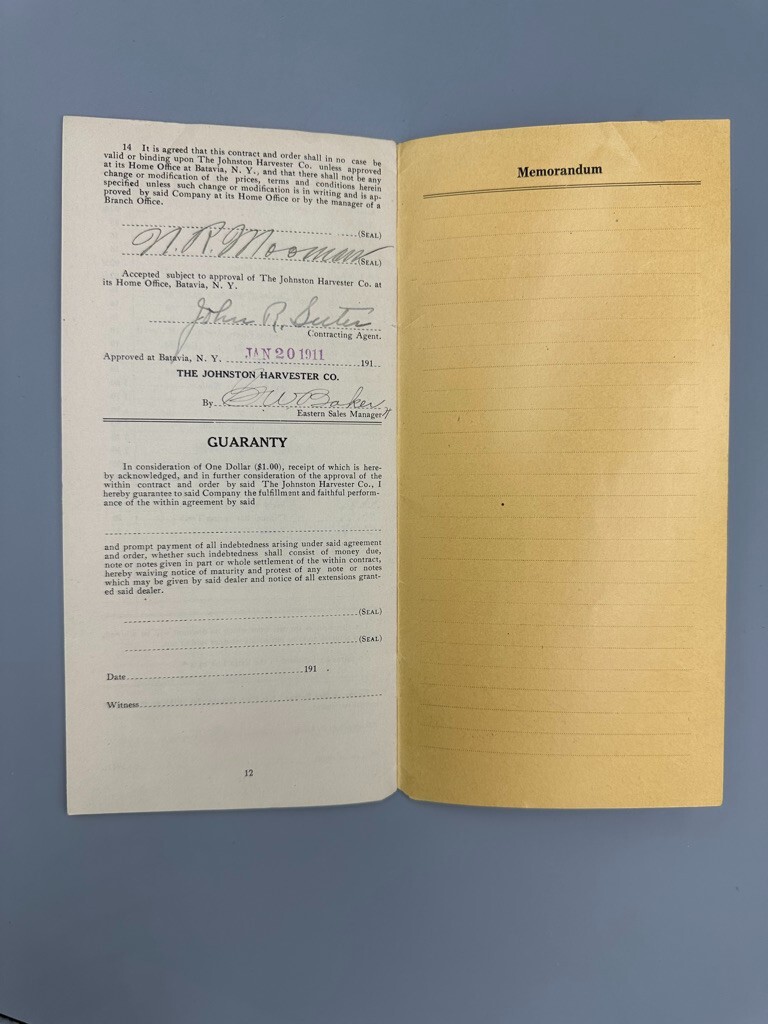 1911 JOHNSTON HARVESTER Contract Letter FARM Advertising BATAVIA NY Antique