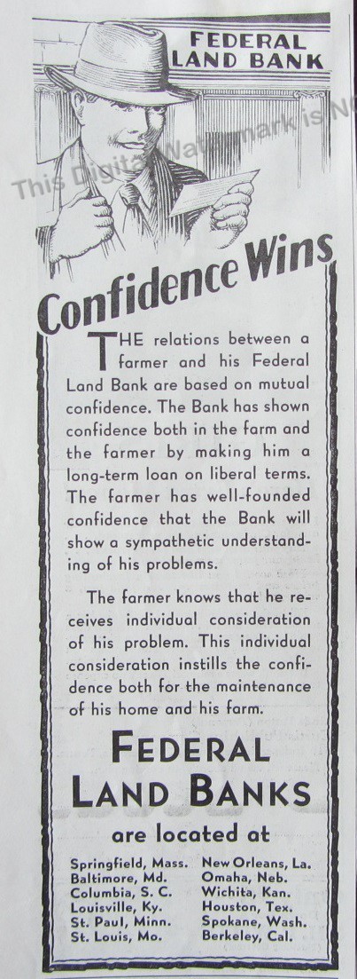 1932 Print Ad * Federal Land Bank Relations w the Farmer Confidence Wins