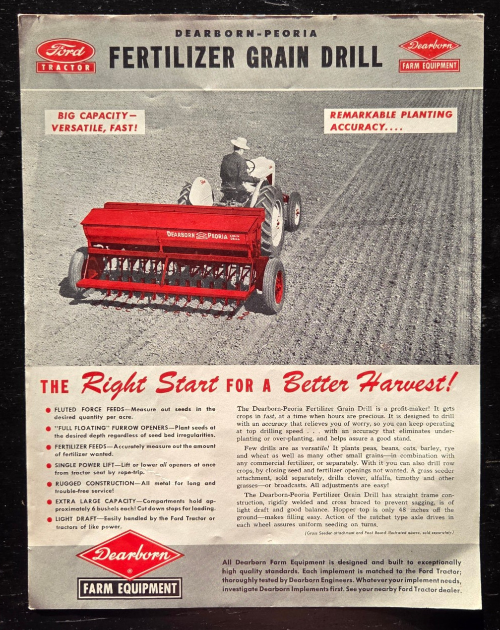 1952 FORD TRACTOR DEARBORN FARM EQUIPMENT FERTILIZER GRAIN DRILL COLOR SALES AD
