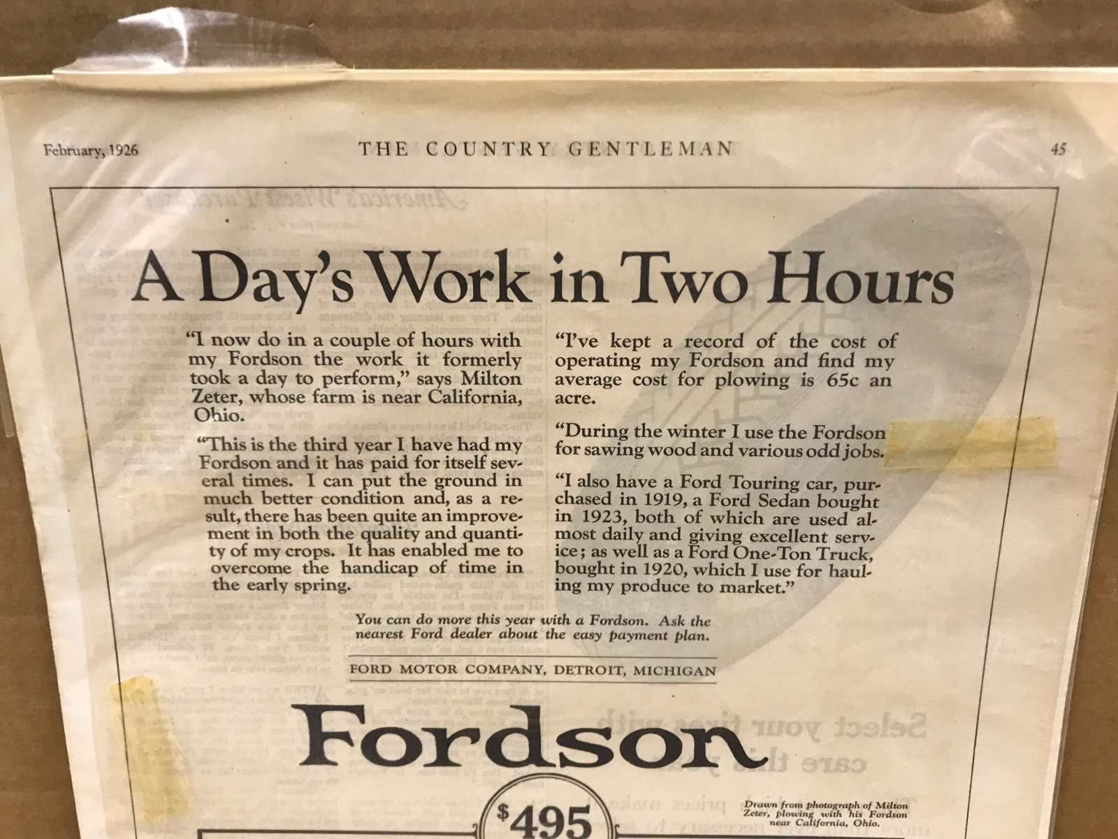 Vintage Fordson Tractor Print Ad – Country Gentleman – February 1926