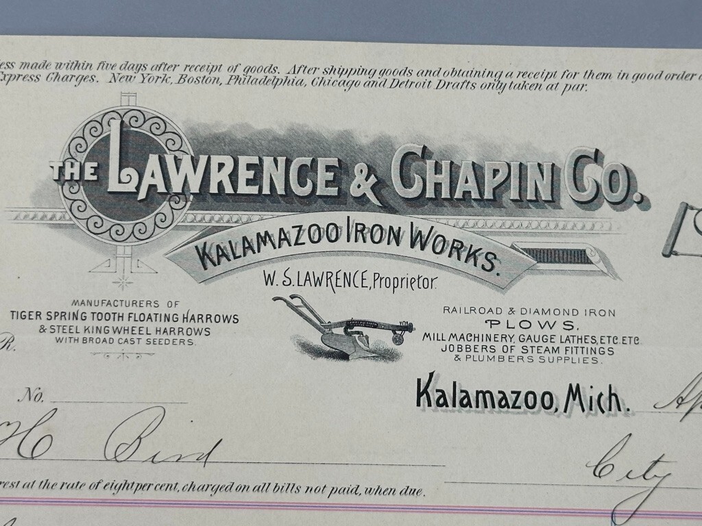 1889 KALAMAZOO Michigan IRON WORKS Lawrence Chapin PLOW FARM Antique ADVERTISING
