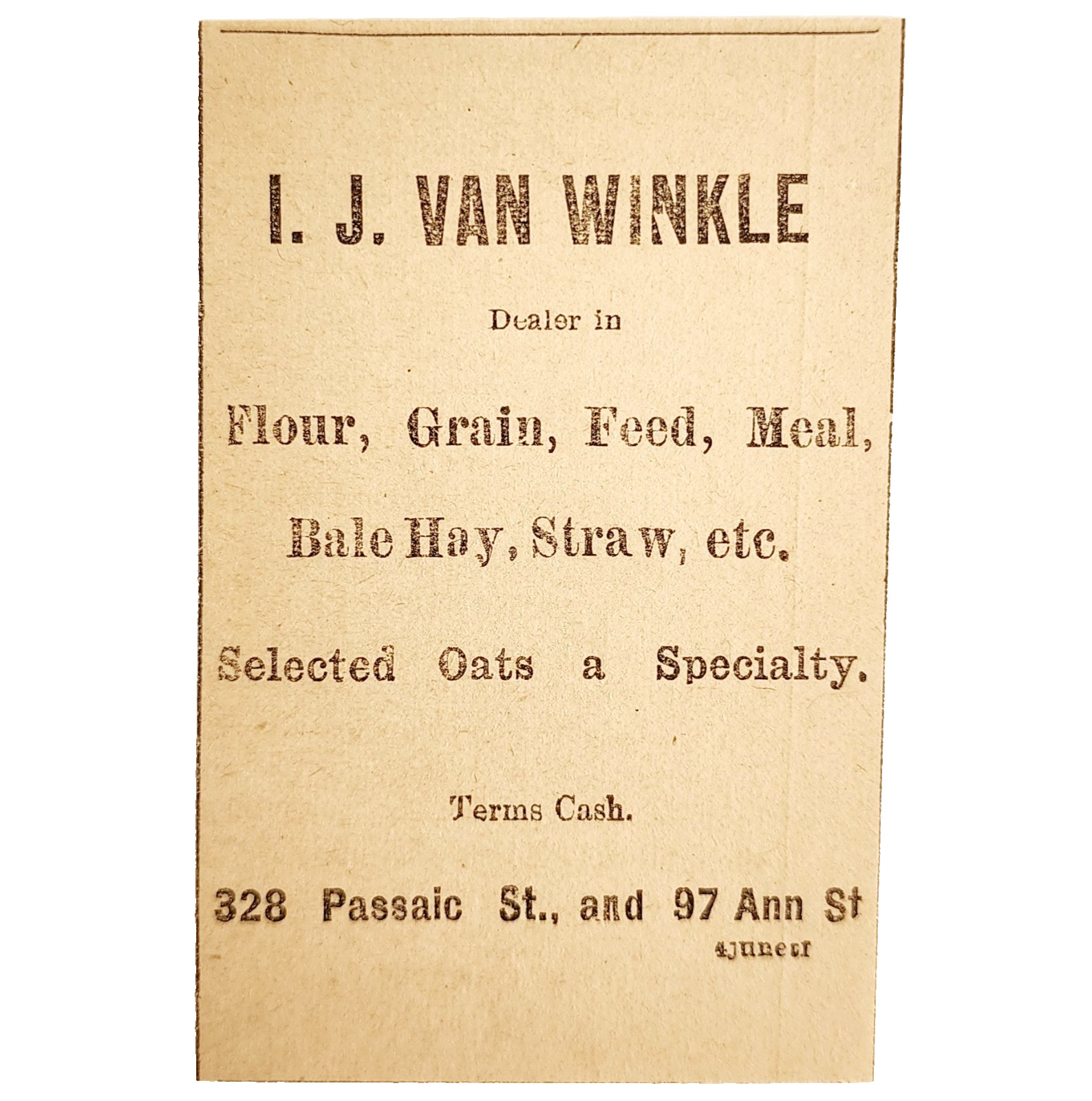 1895 Van Winkle Grain Feed Hay Victorian Advertisement Passaic New Jersey F13M