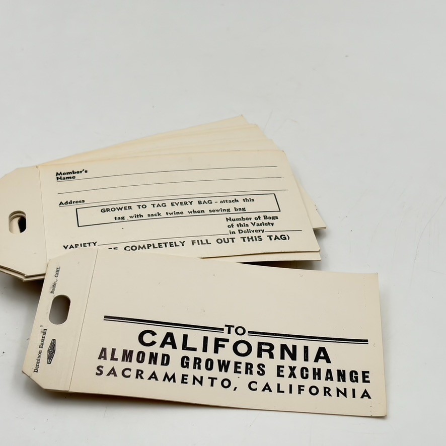 VINTAGE 1980s CALIFORNIA ALMOND GROWERS EXCHANGE Tag Varietal Farmer Collectible