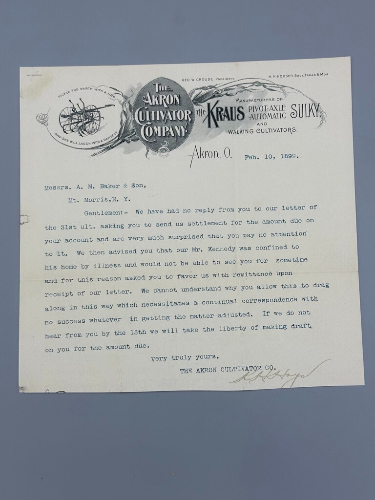 1899 AKRON CULTIVATOR Kraus Sulky OHIO Farm Advertising Antique Letter