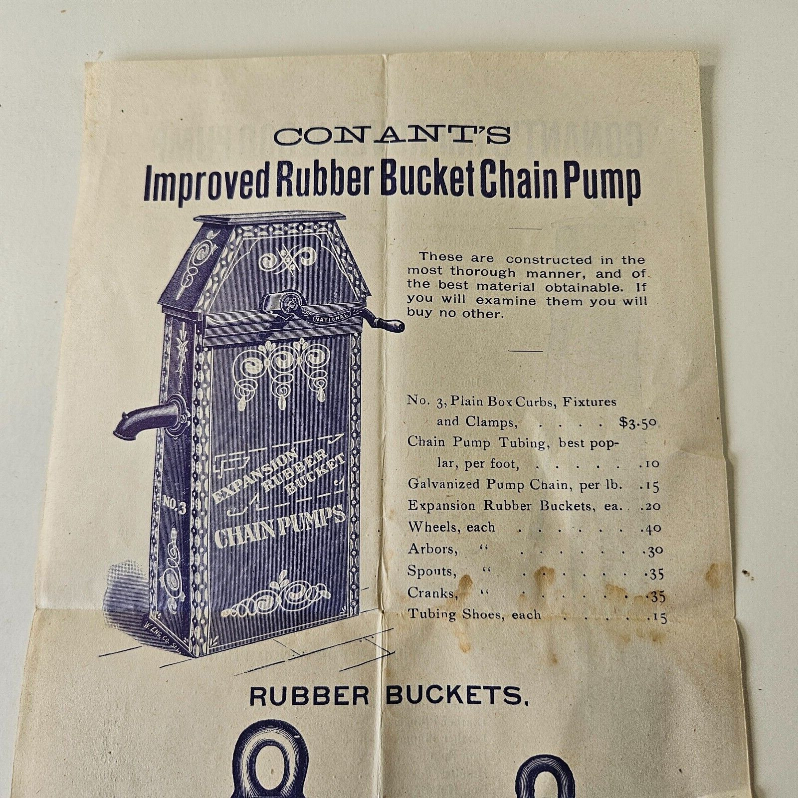 Late 1800&rsquo;s Conant Co Bangor Maine Sales Brochure Wood & Bucket Chain Water Pimp