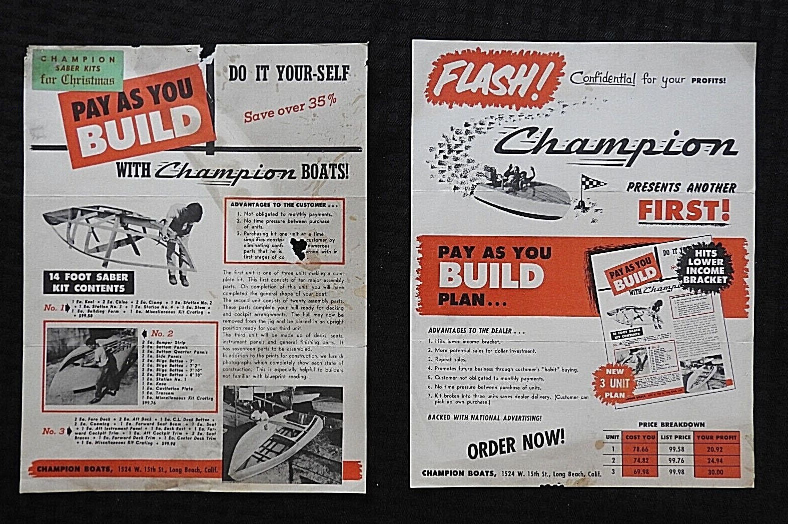 (2) 1950&rsquo;s CHAMPION BOATS &lsquo;build your own » BROCHURES LONG BEACH CA CALIFORNIA