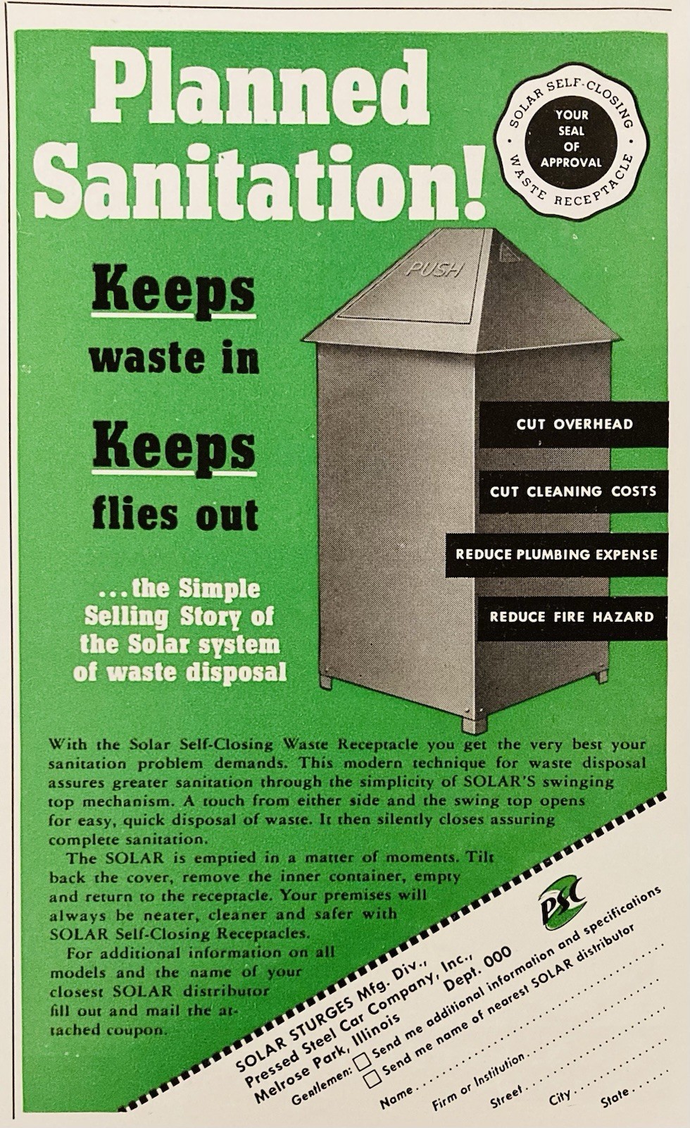 1952 AD.(PC10)~SOLAR STURGES MFG. MELROSE PARK, ILL. SELF-CLOSING WASTE CANS