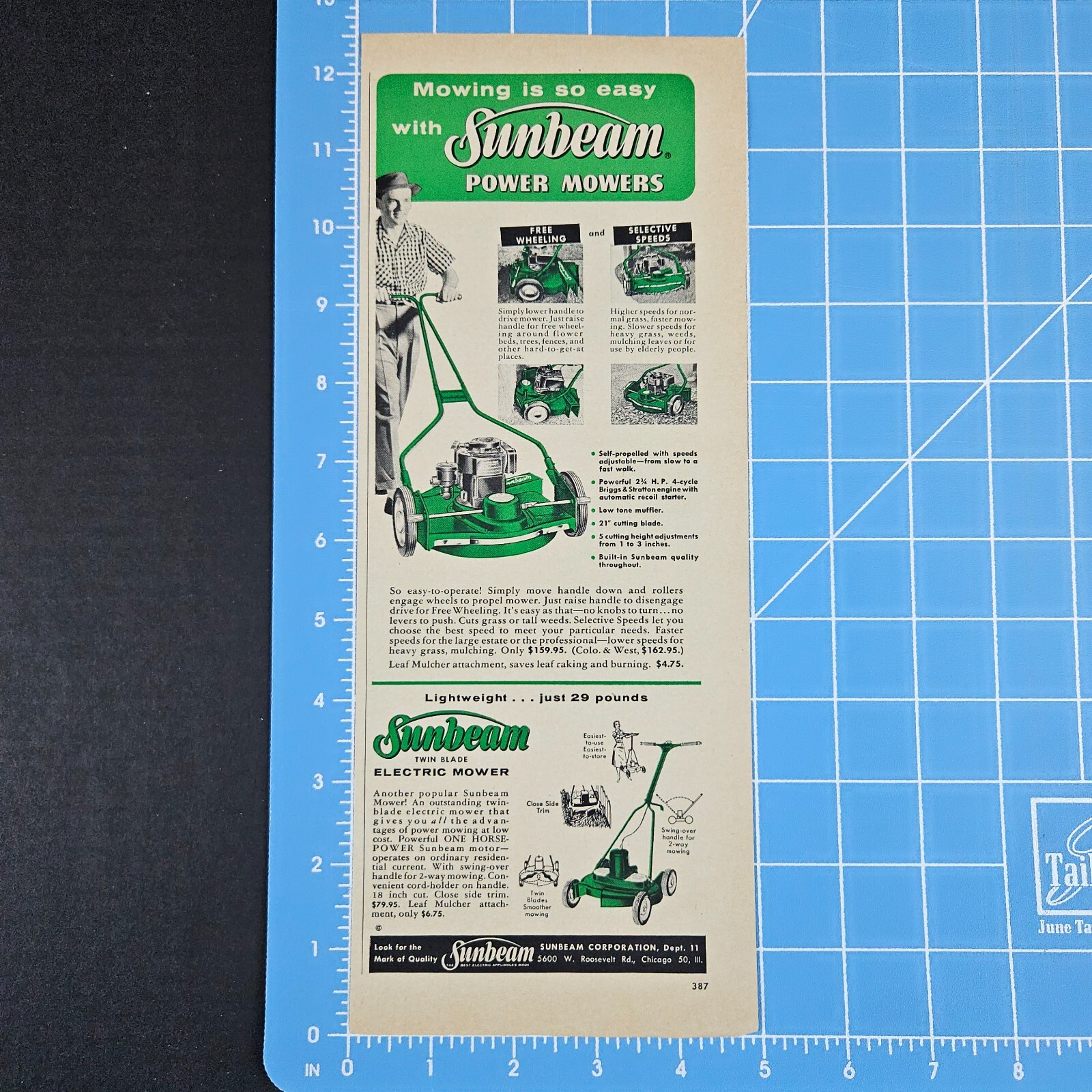 1957 Sunbeam Power & Electric Mowers Vintage Print Ad Twin Blade Attachments