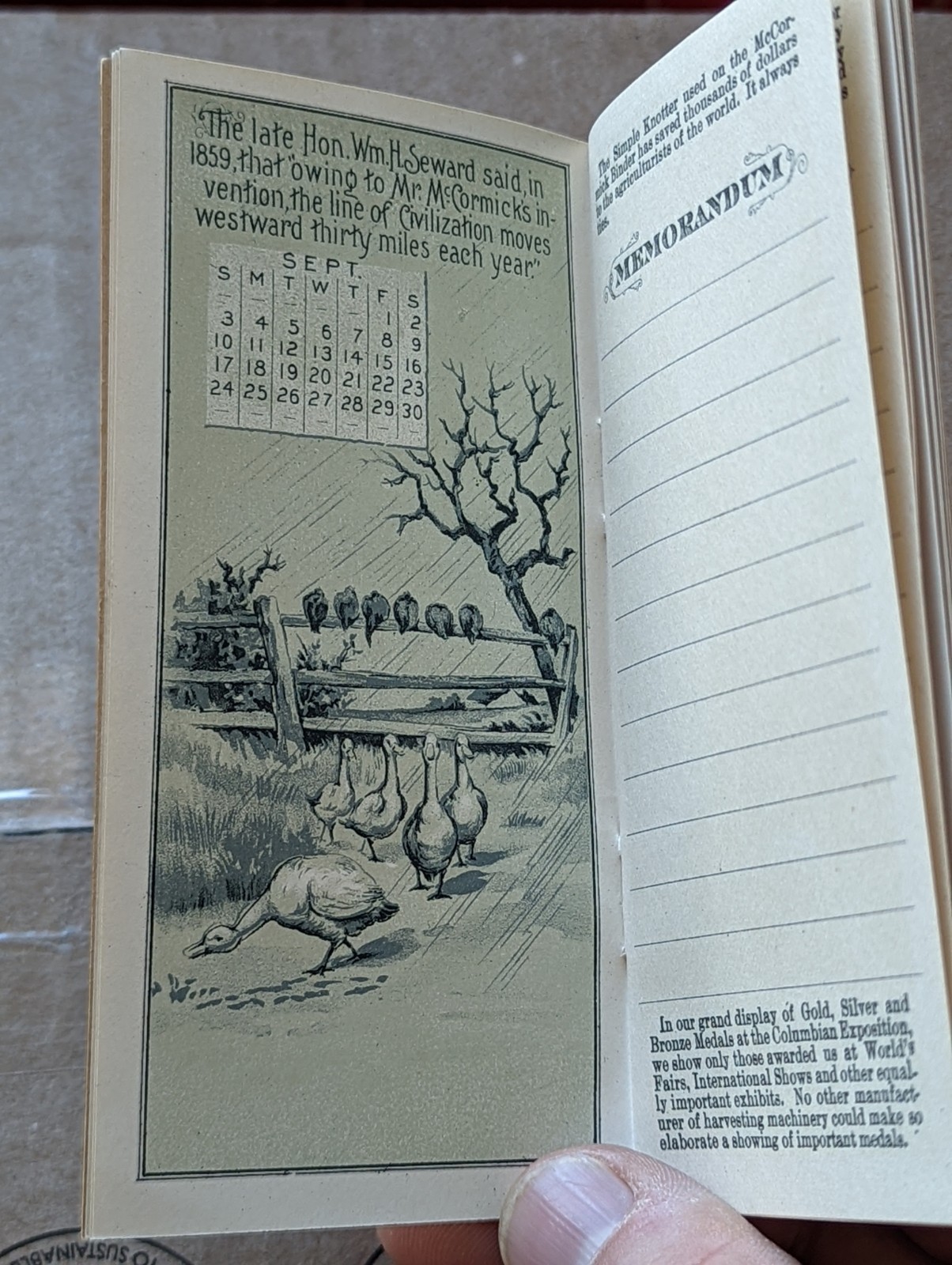 1898 Pocket Calendar Memorandum Advertising Book McCormick Harvesting Machine