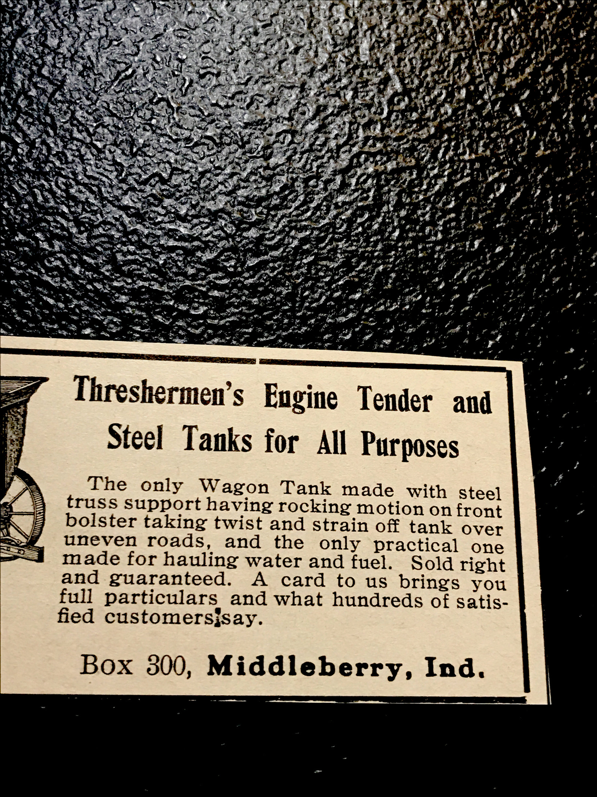 1907 Pioneer Threshermen Engine Tender Farm Advertising – Middleberry – Indiana