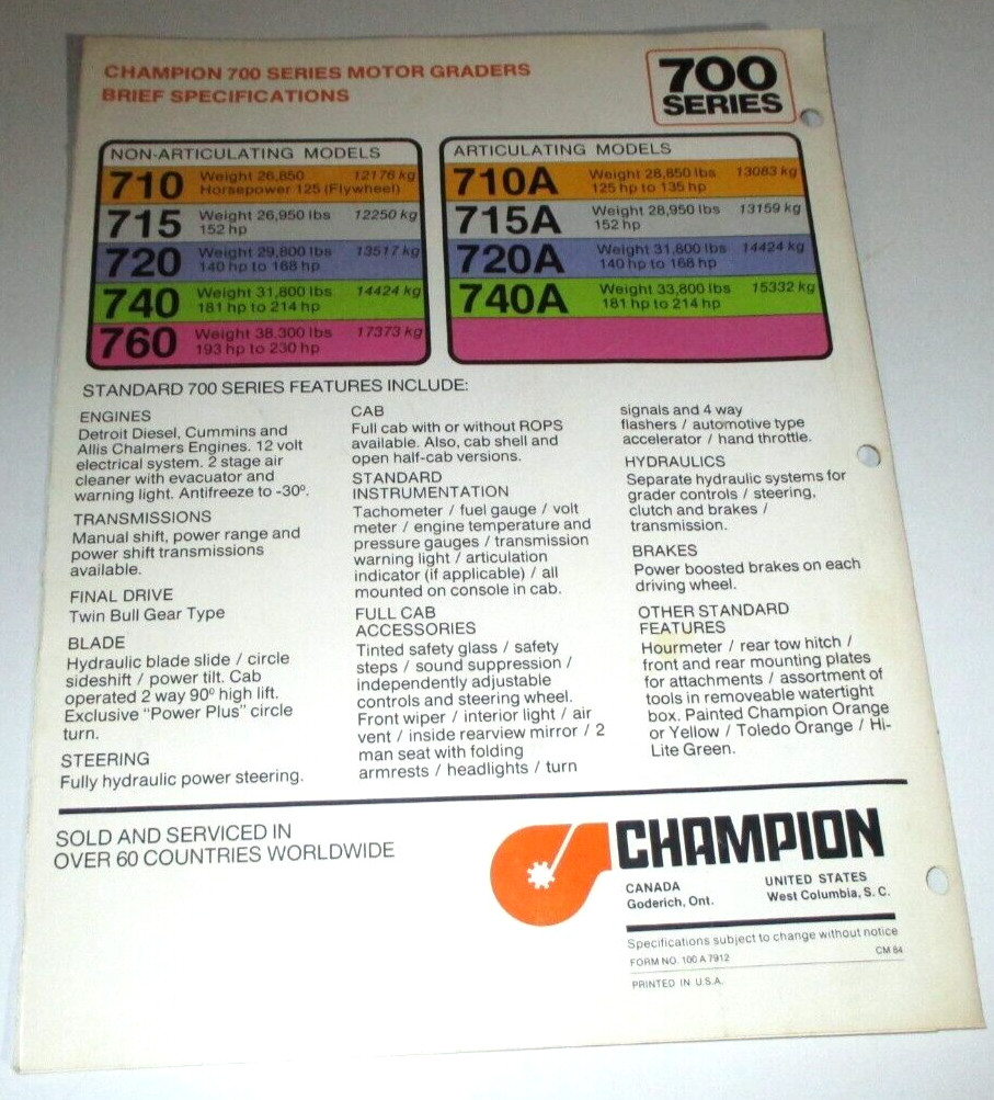 Champion 710 715 720 740 760 710A 715A 720A 740A Motor Grader Sales Brochure