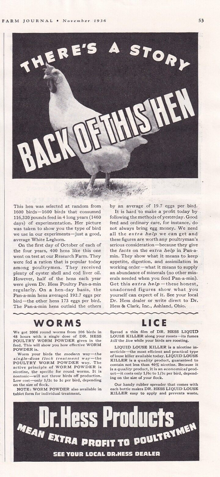 Print Ad 1937 Dr Hess Products 5inx11in Poultry Pan a min