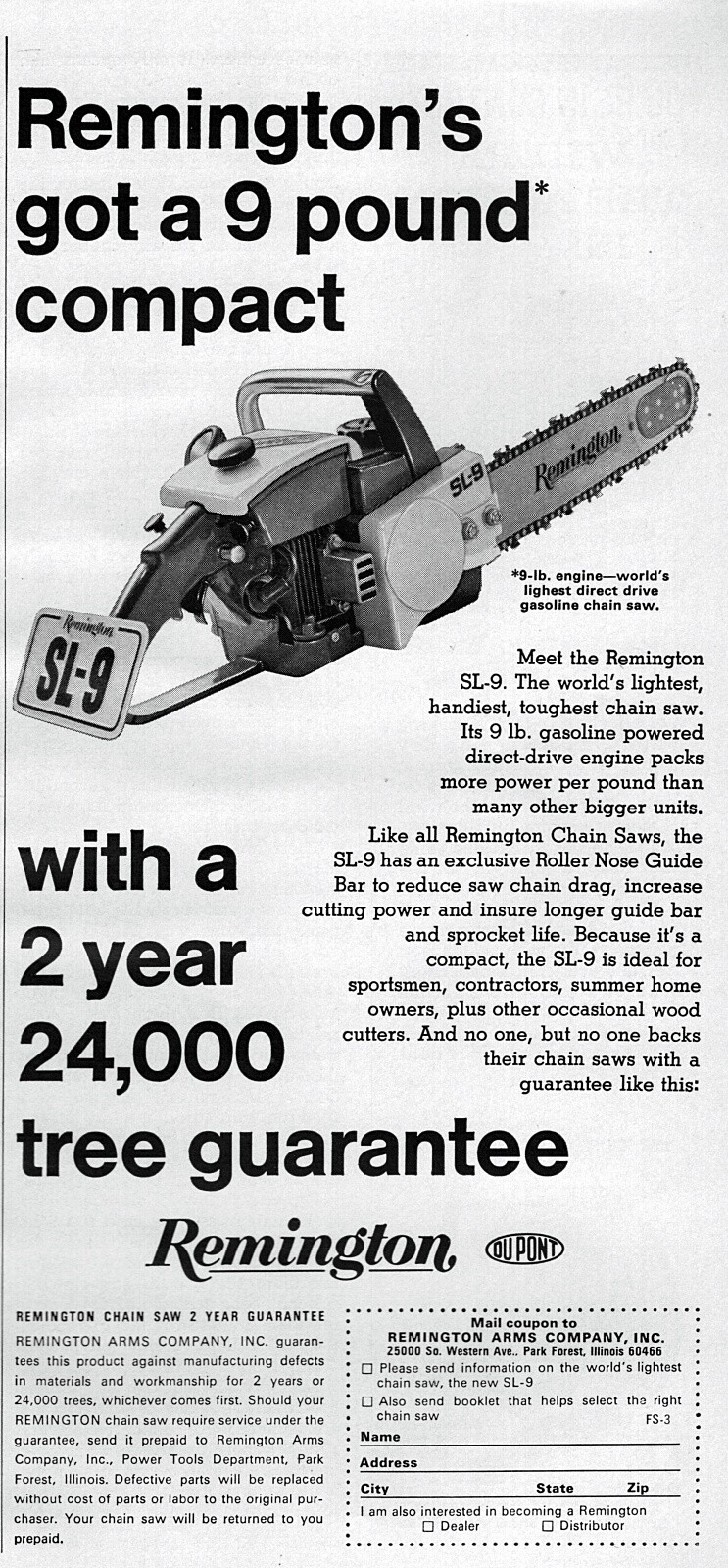 1968 Remington SL-9 Chainsaw Original Print Ad