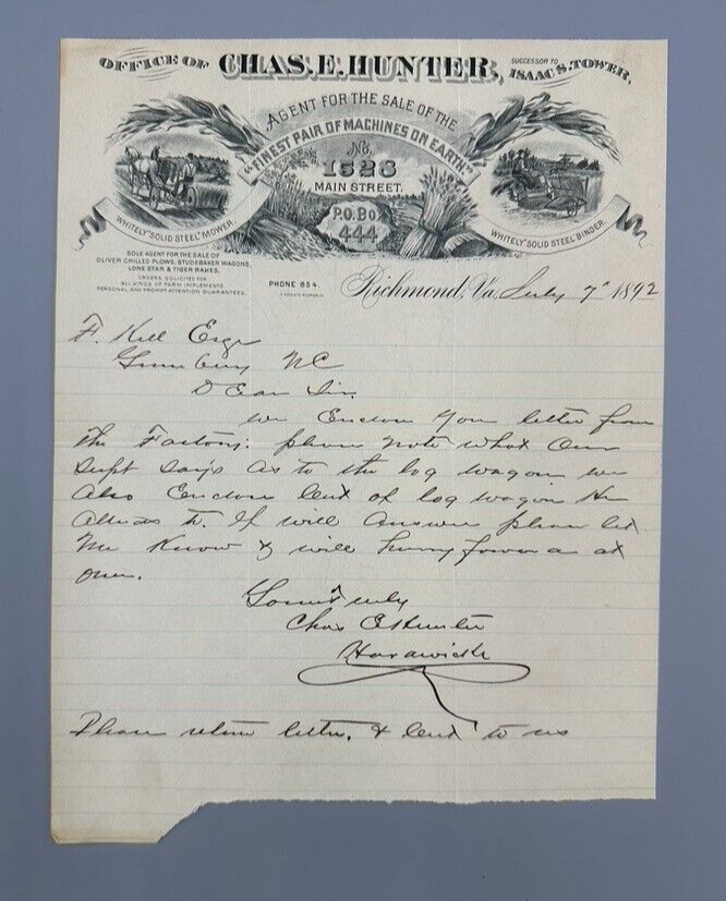 1892 WHITELY MOWER Binder FARM Advertising Chas Hunter Letter RICHMOND Virgina