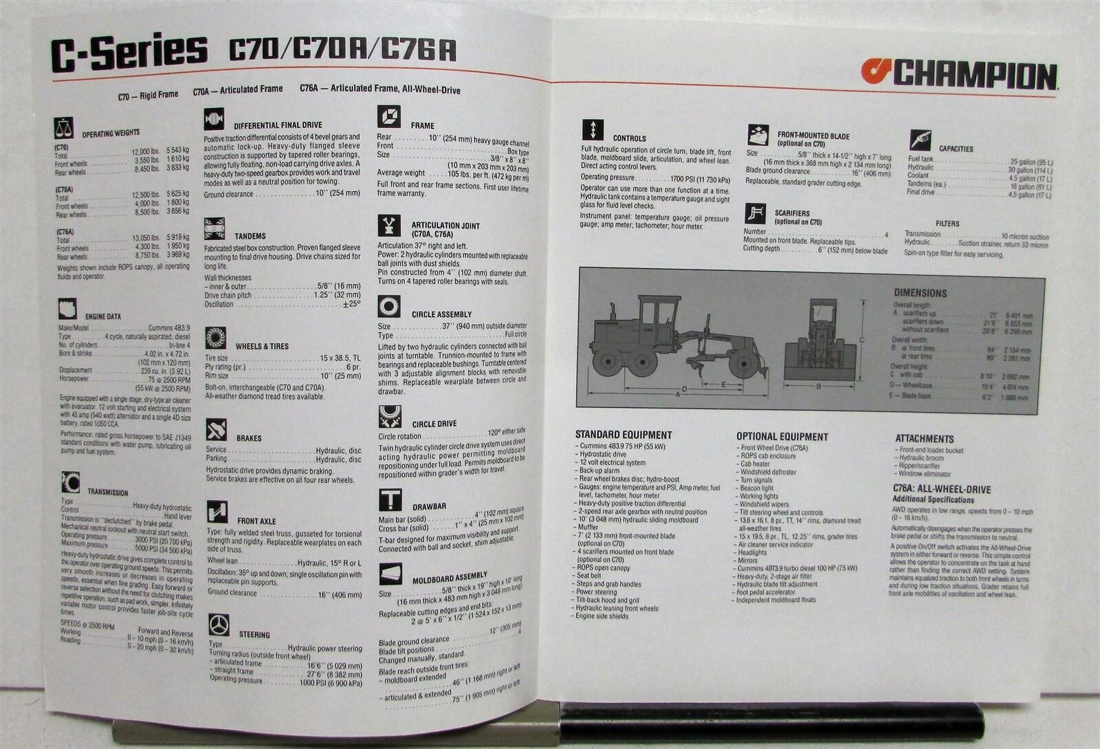 1993 Champion C Series Road Motor Grader Specs Construction Sale Folder