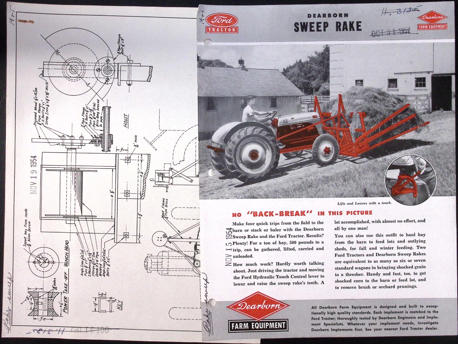 1954 Dearborn Farm Equipment Sweep Rake Dealer Brochure & Diagram