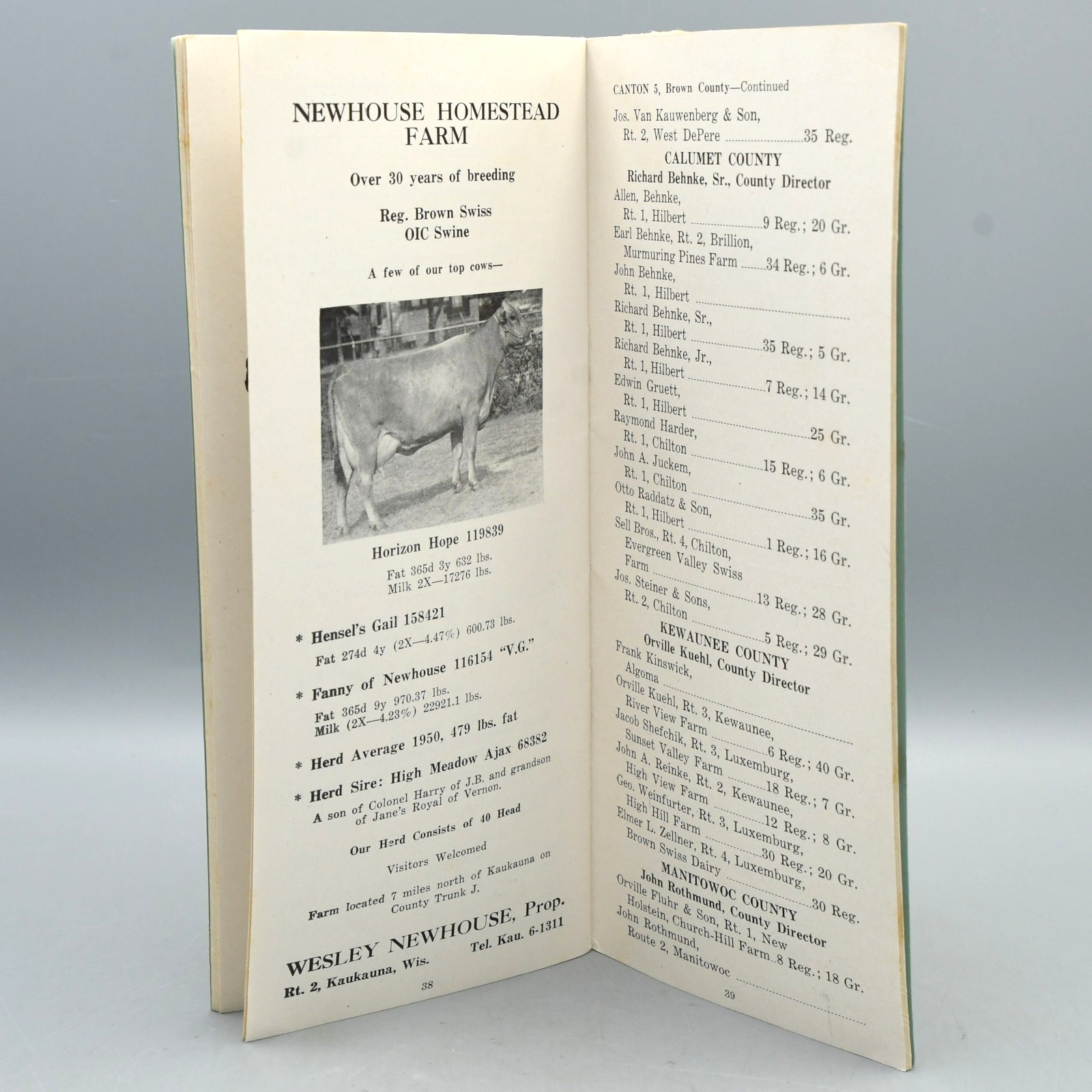 Wisconsin Brown Swiss Breeders Handi Book Directory 1951 Jane of Vernon Cover