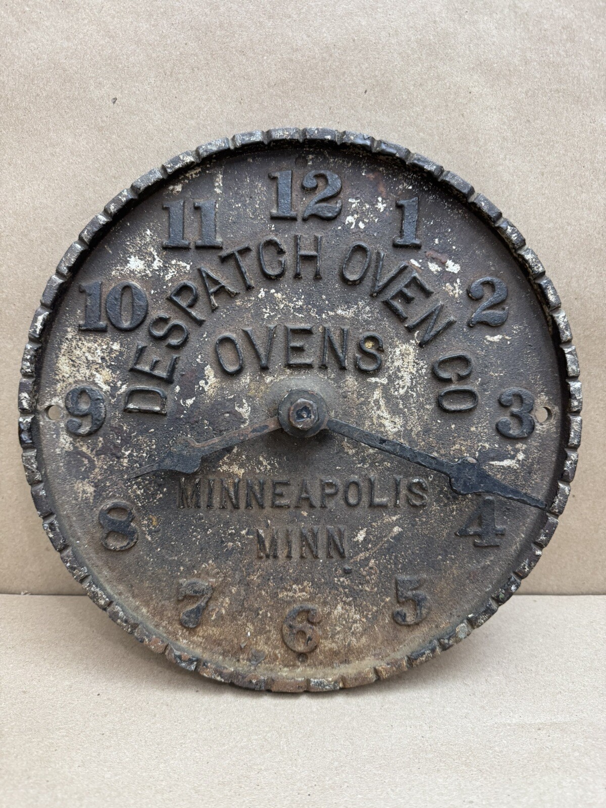 Antique Early Despatch Oven Clock Cast Iron Advertising Minneapolis Minnesota