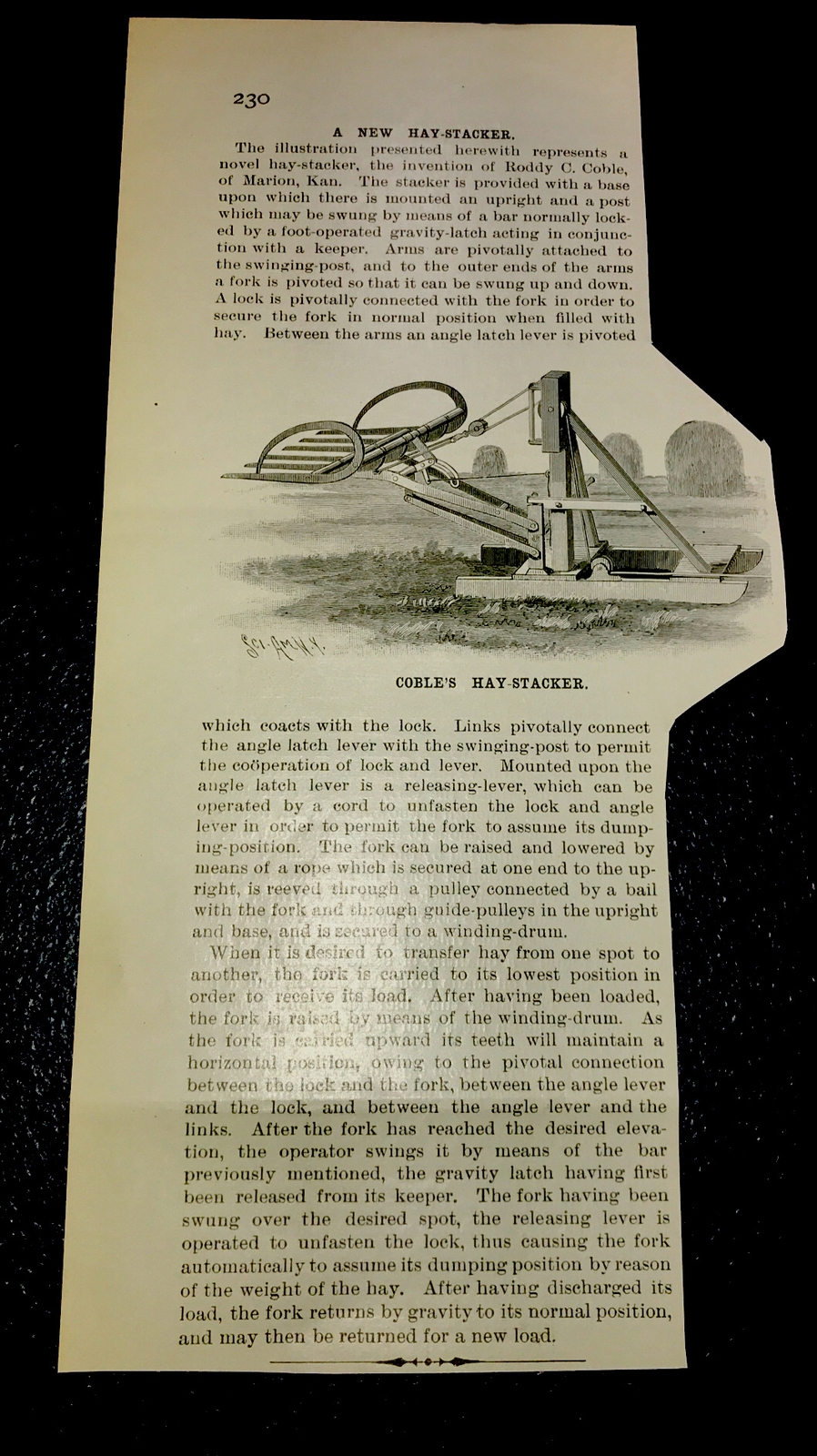 1899 Coble Hay Stacker Farm Engraving Advertising & Article – Marion – Kansas
