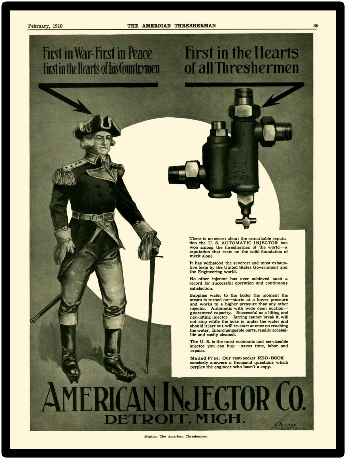 1910 American Injectors New Metal Sign: Thresherman Interest – George Washington