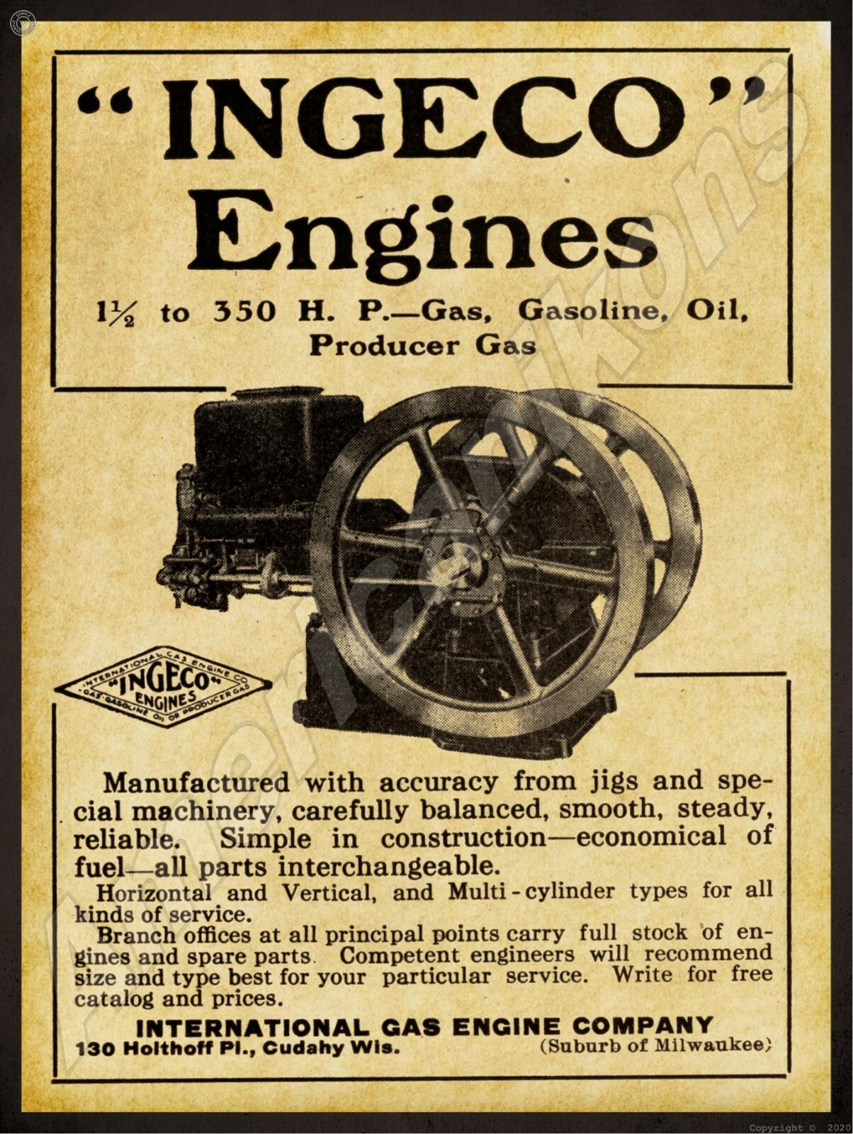 1912 INGECO Engines of Cudahy, WI NEW Metal Sign 24&Prime;x30&Prime; USA STEEL XL Size 7 lb