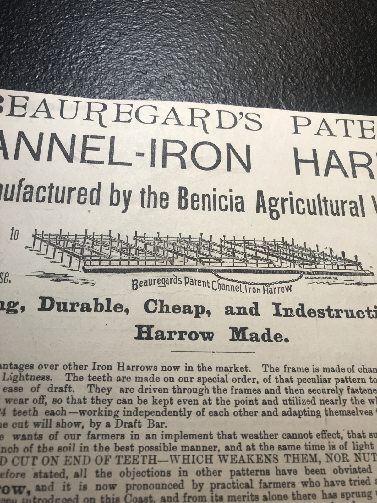 1882 Beauregard Harrow Farm Advertising – San Benicia – California